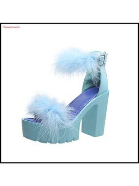Faux Fur Chunky Heel Sandal Ankle Strap Dress Heel Open Toe